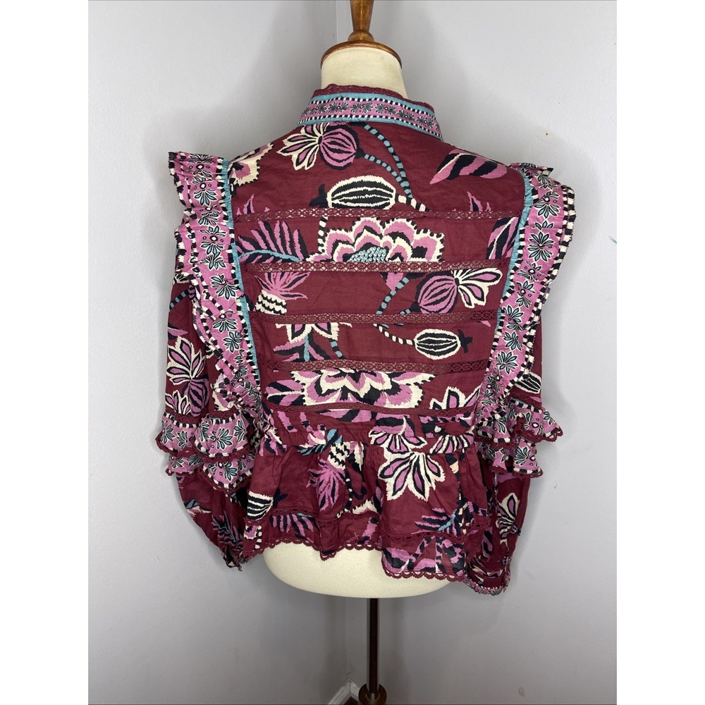 Farm Rio Womens Pineapple Inspiration Burgundy Ruffled Blouse Large - Picture 4 of 11